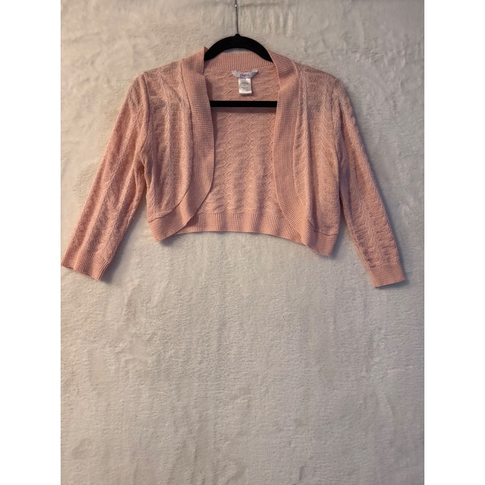 Candies Pink Shimmer Cropped Shrug Sweater Open Front Bolero 3/4 Sleeve Small